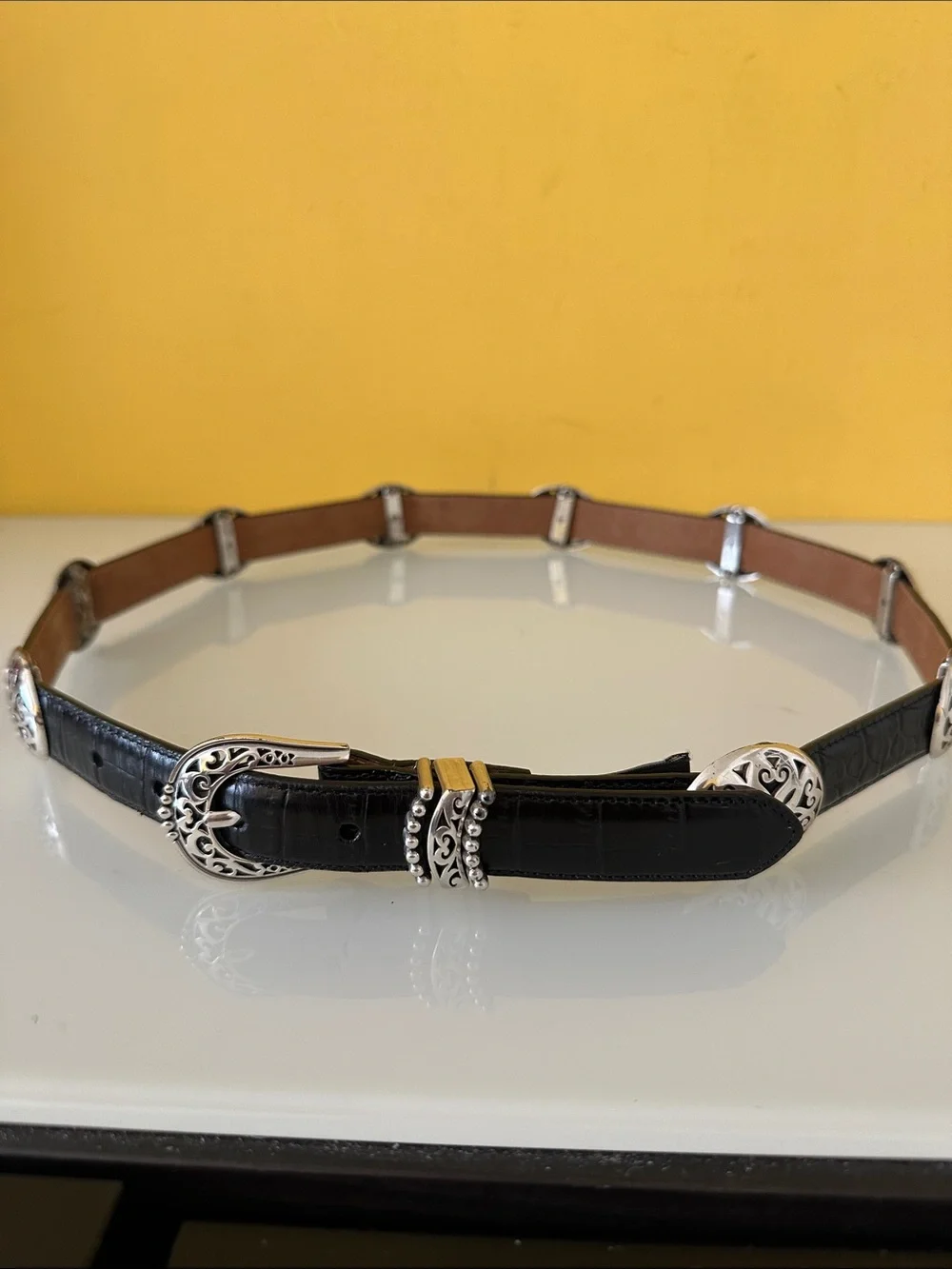 Brighton Women’s Black Croc-Embossed Western-Inspired Leather Belt Silver Buckle